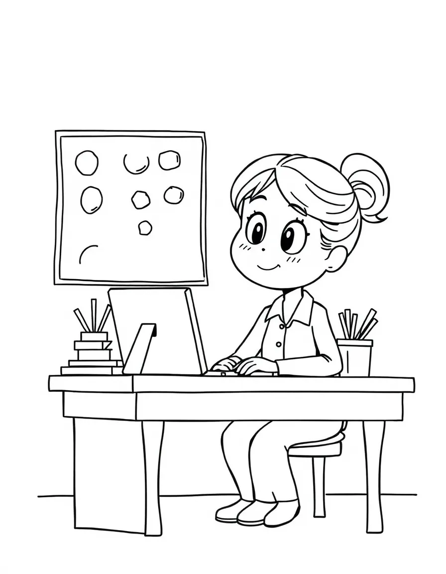 A teacher at a desk.