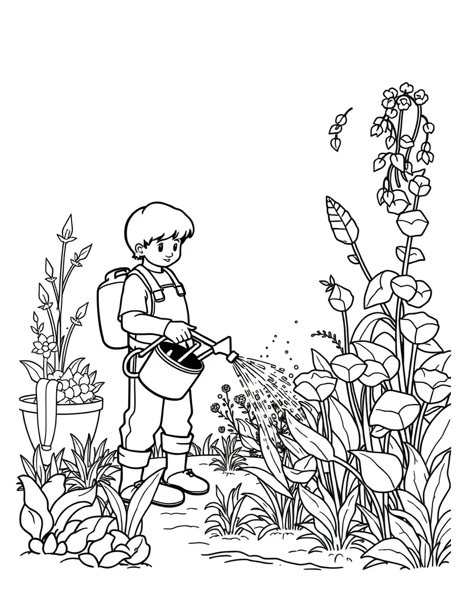 A gardener watering plants.