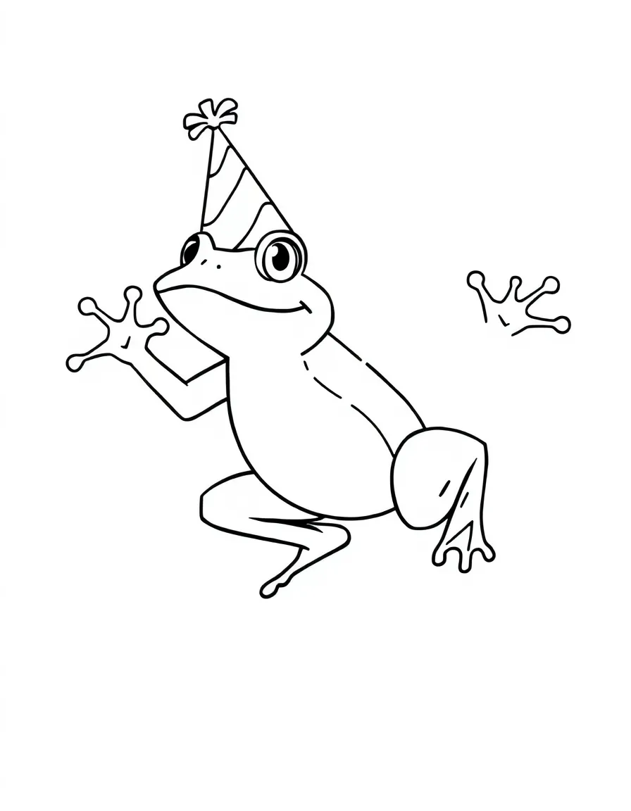 A jumping frog wearing a party hat.