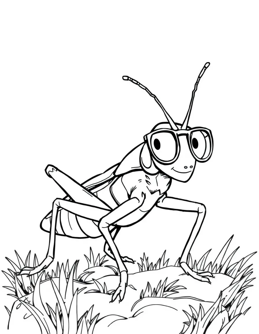 A hopping grasshopper with glasses.