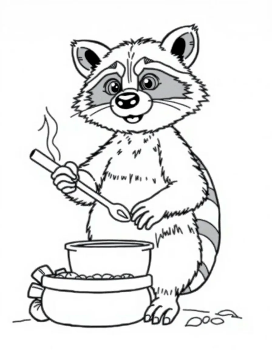 A clever raccoon cooking a meal.