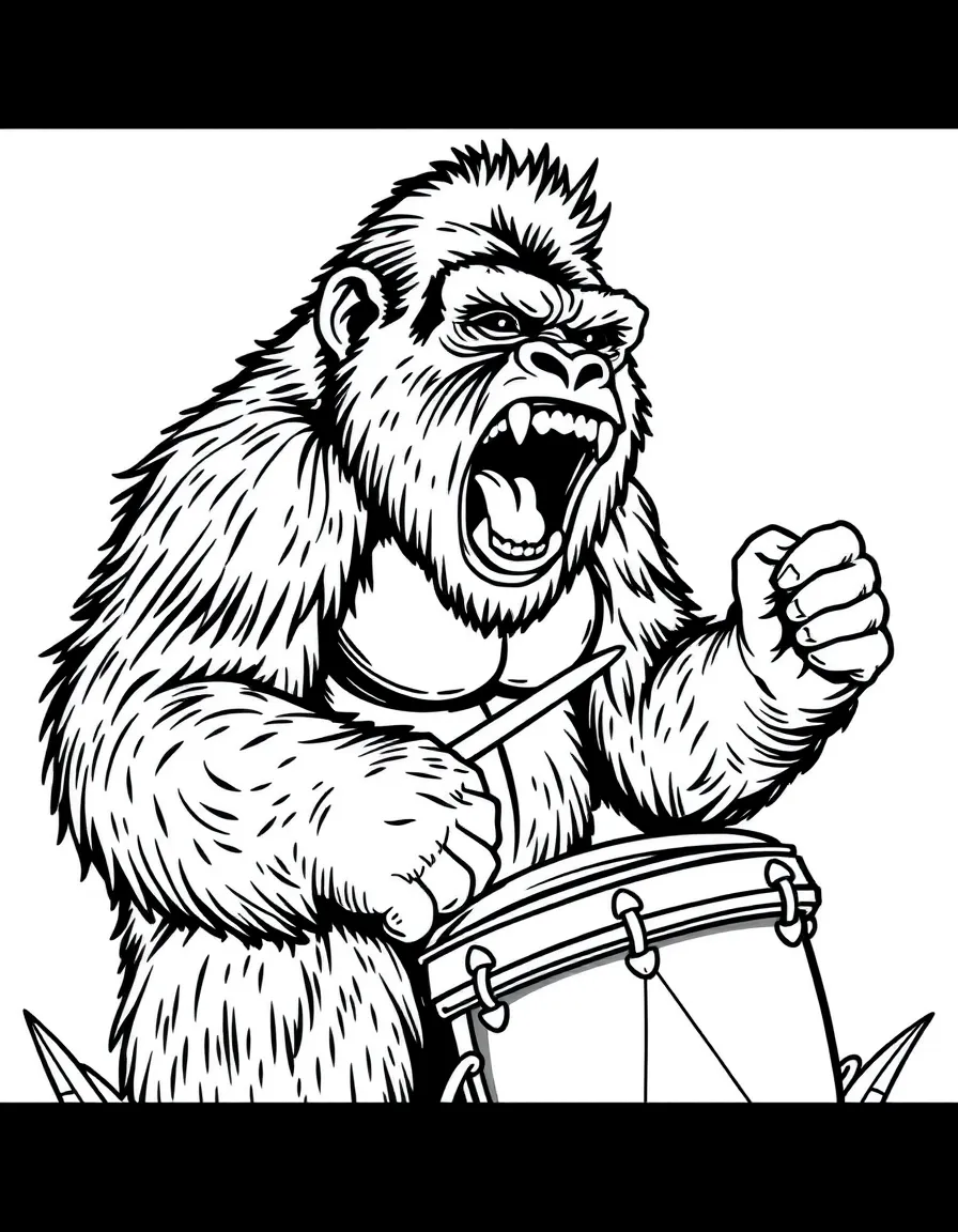 A roaring gorilla playing the drums.