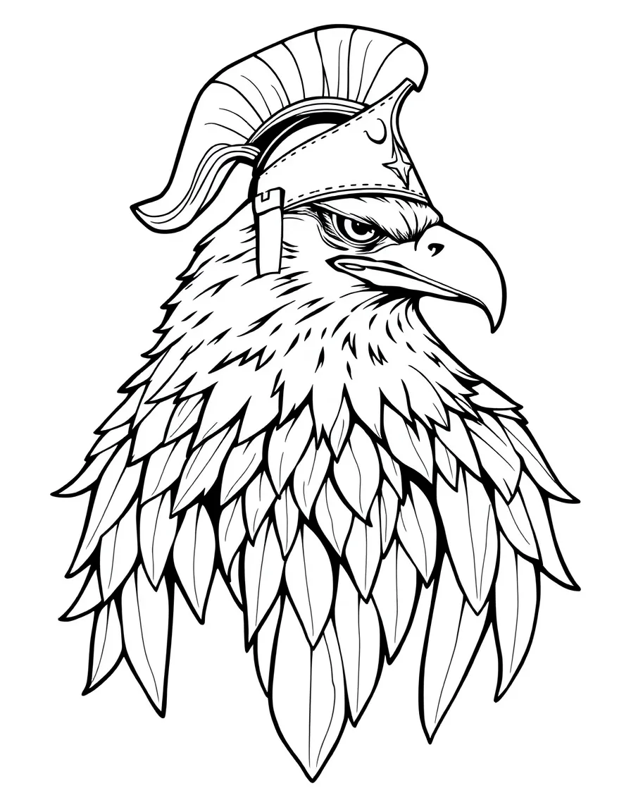 A majestic eagle wearing a knight's helmet.