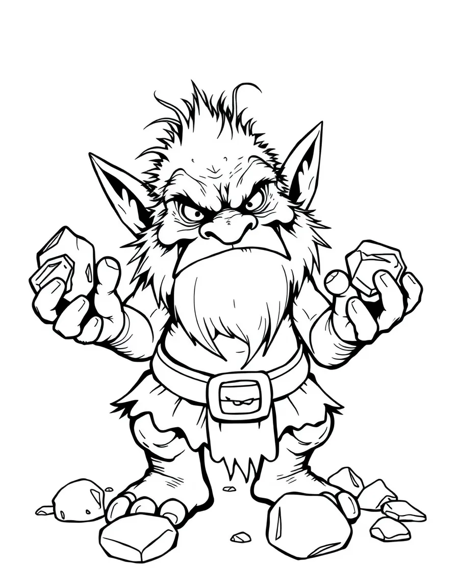 A grumpy troll juggling rocks.