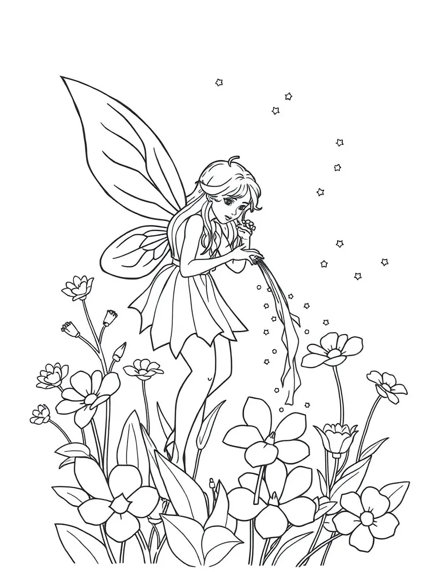 A fairy watering magical flowers.