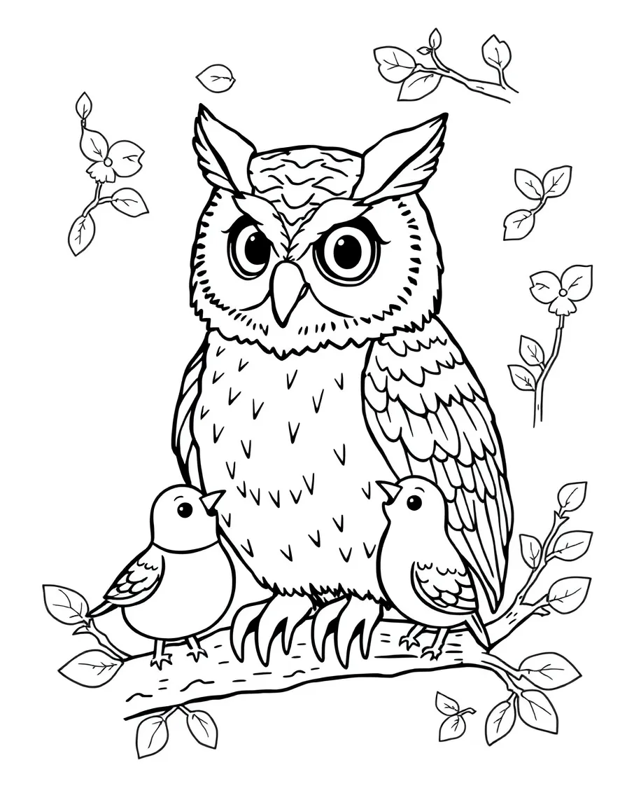 A wise owl teaching little birds.