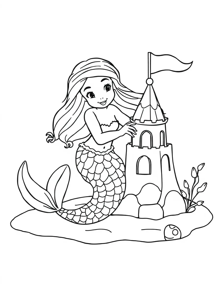 A playful mermaid building a sandcastle.