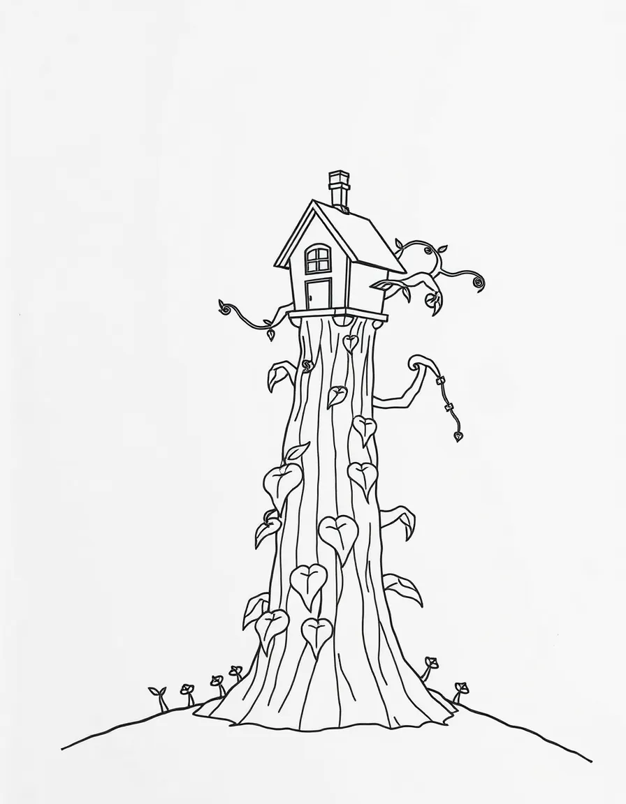 A giant beanstalk with a tiny house at the top.