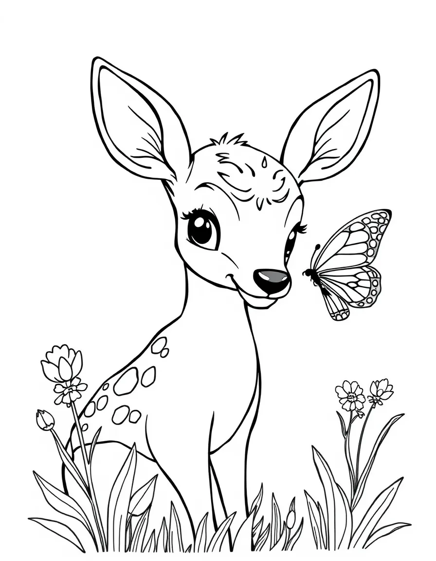 A shy deer making friends with a butterfly.