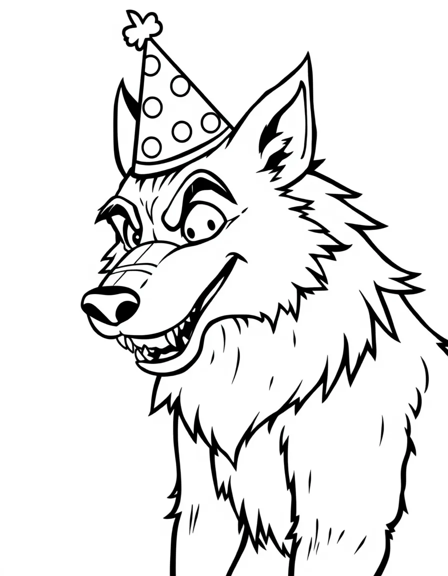 A big bad wolf wearing a party hat.
