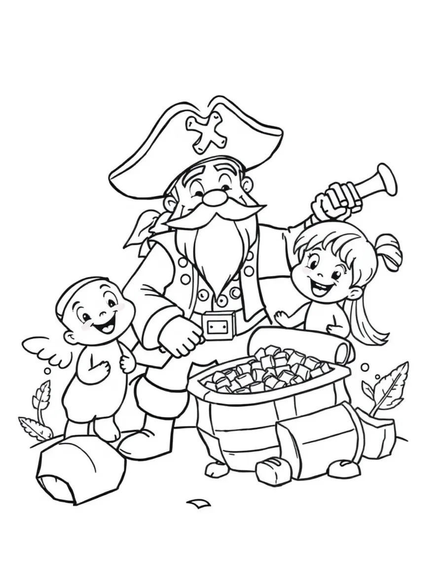 A brave pirate sharing his treasure with friends.