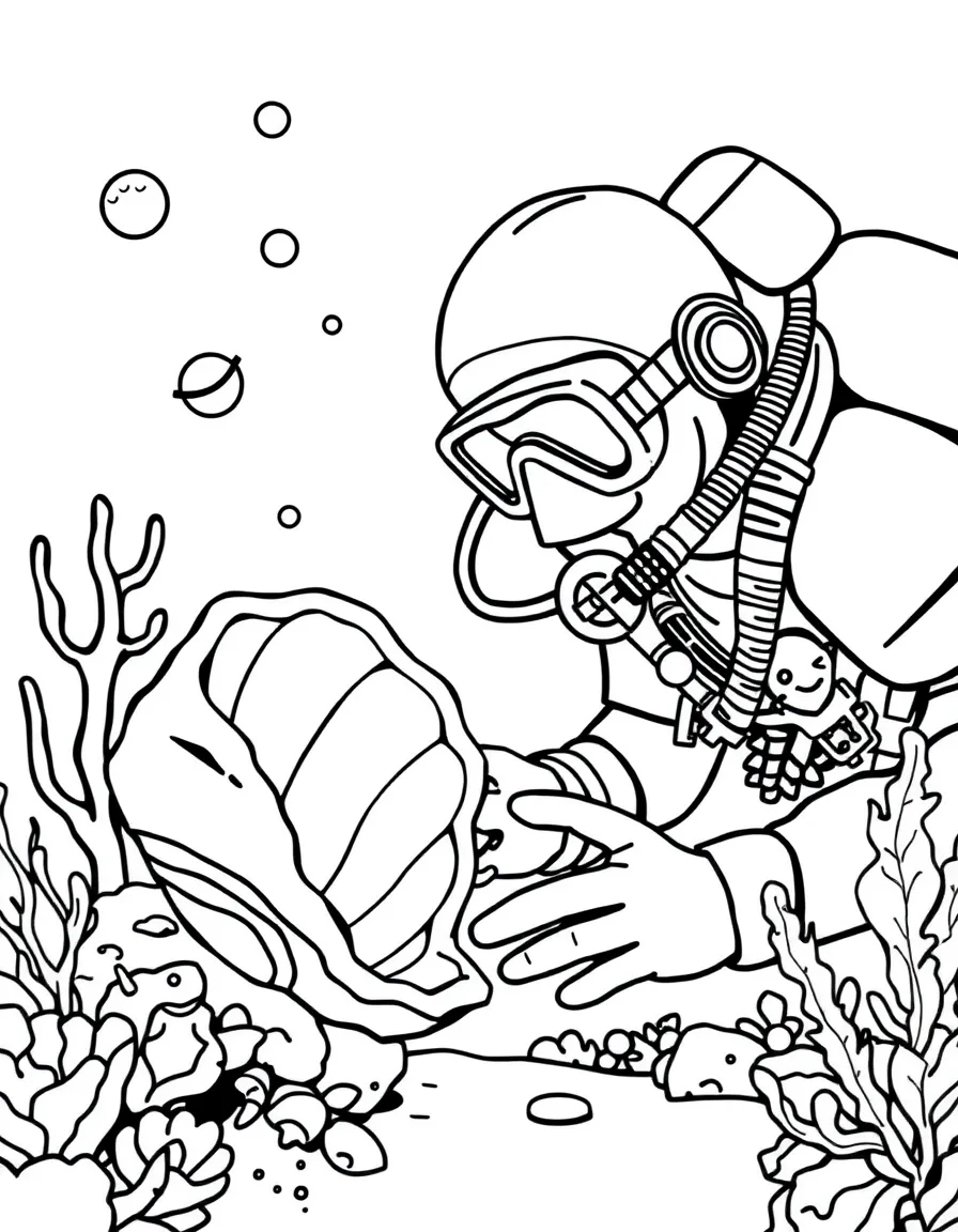 A deep-sea diver discovering a glowing shell.
