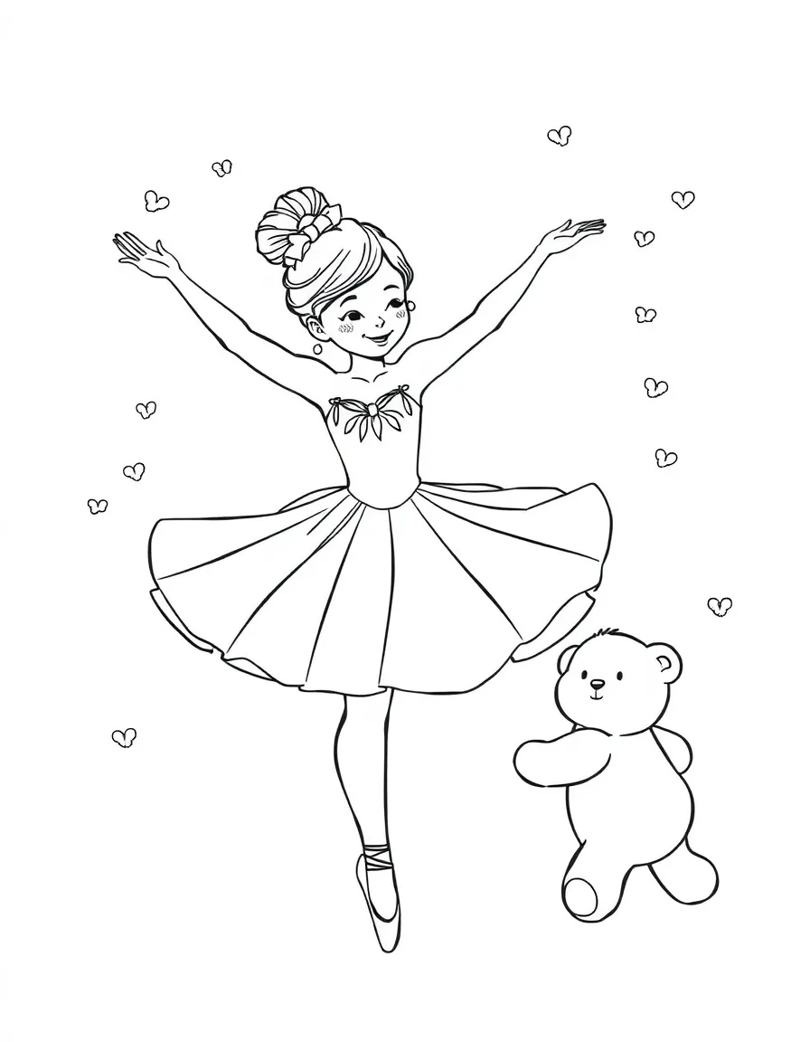A graceful ballerina dancing with a teddy bear.