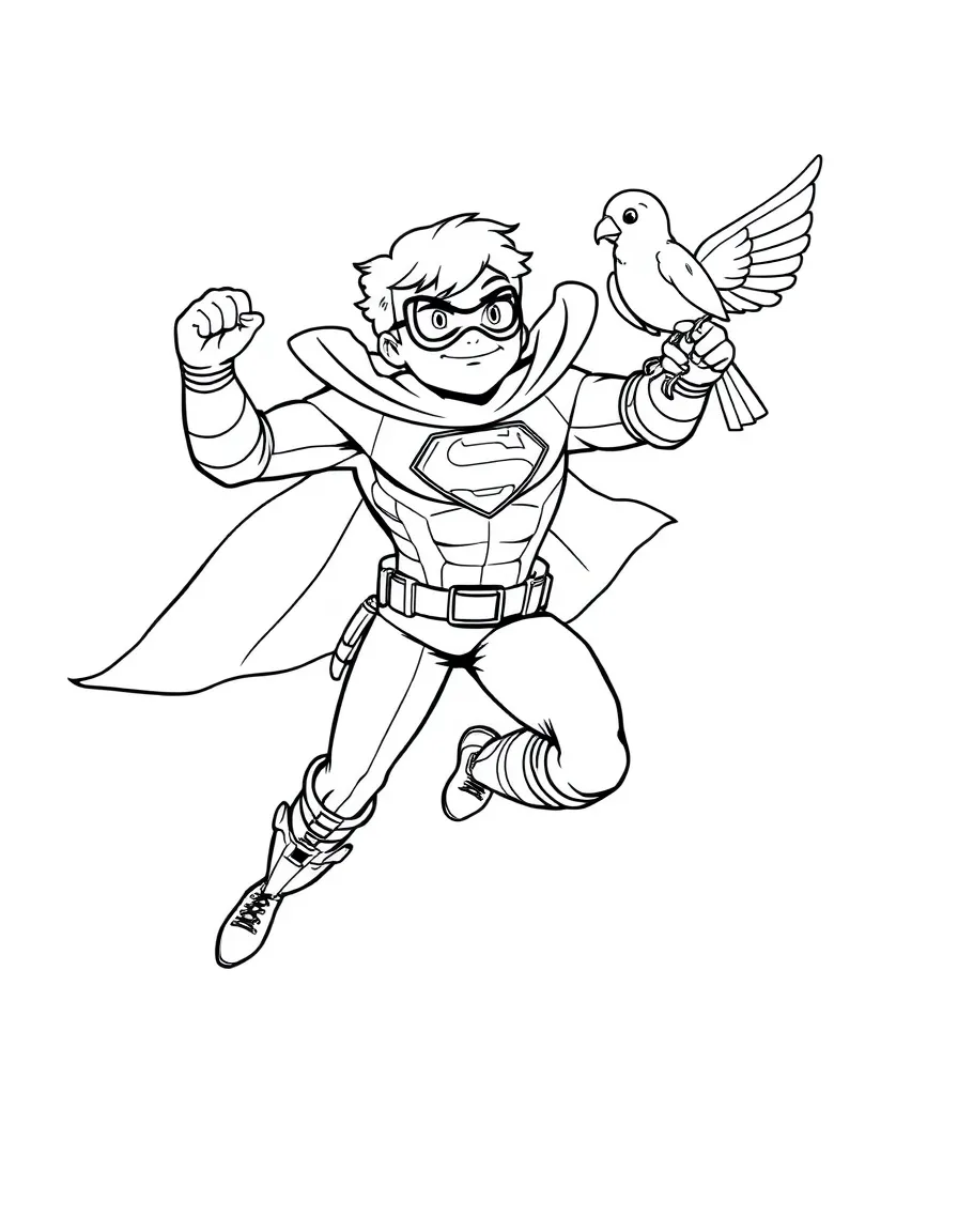 A strong superhero flying with a pet bird.