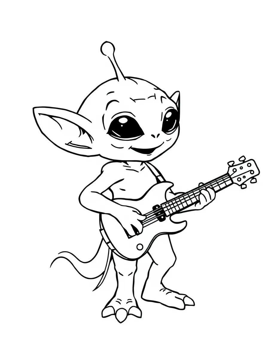 A friendly alien playing a guitar.