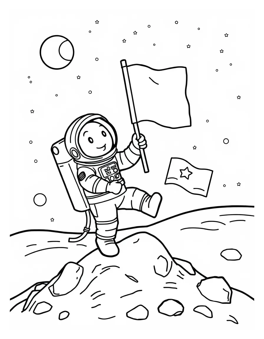 A happy astronaut planting a flag on the moon.