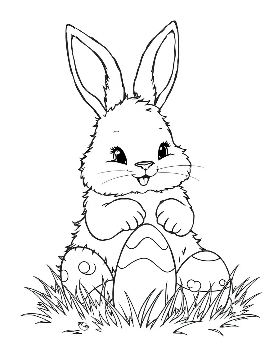 A fluffy bunny painting Easter eggs.