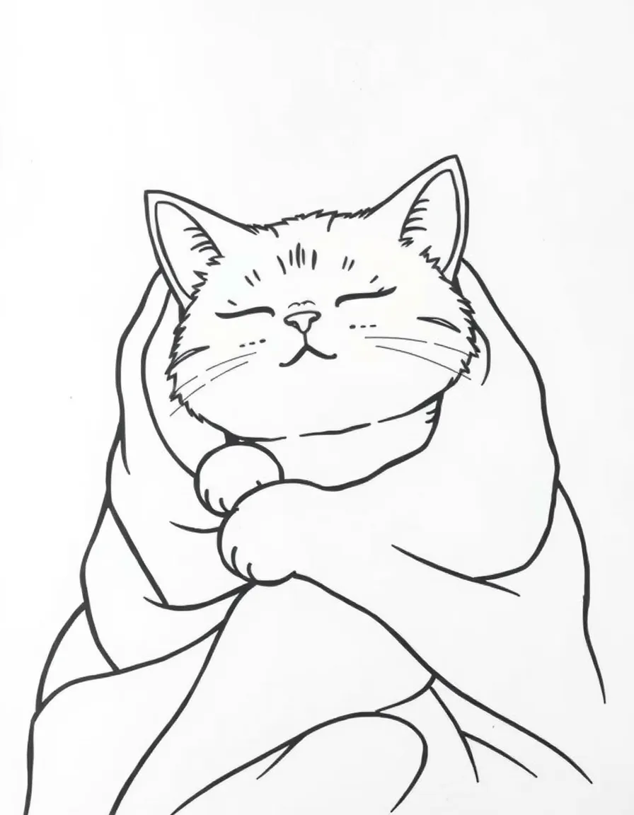 A sleepy cat wrapped in a cozy blanket.