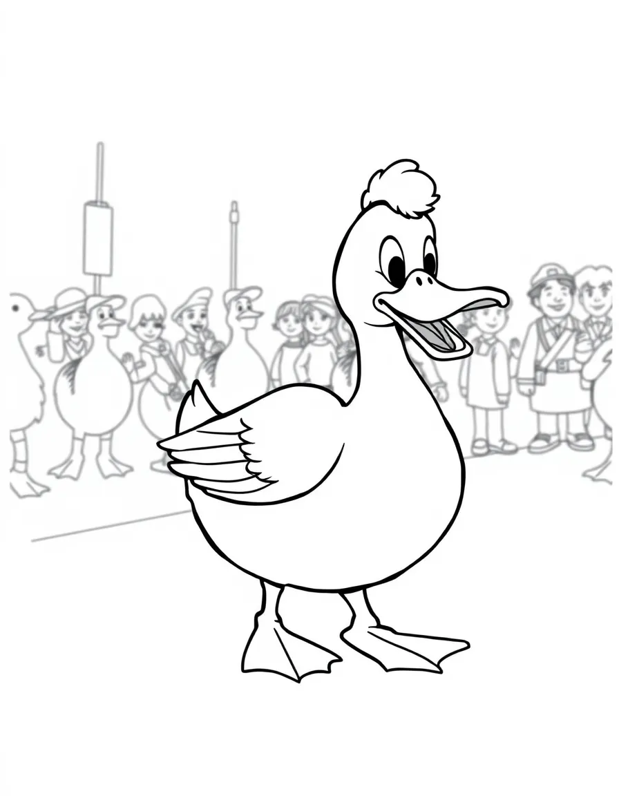 A quacking duck leading a parade.