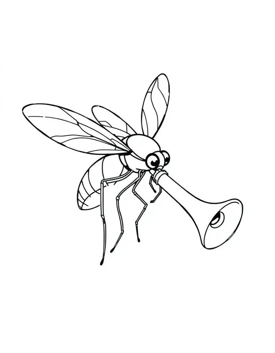A buzzing mosquito playing a tiny trumpet.