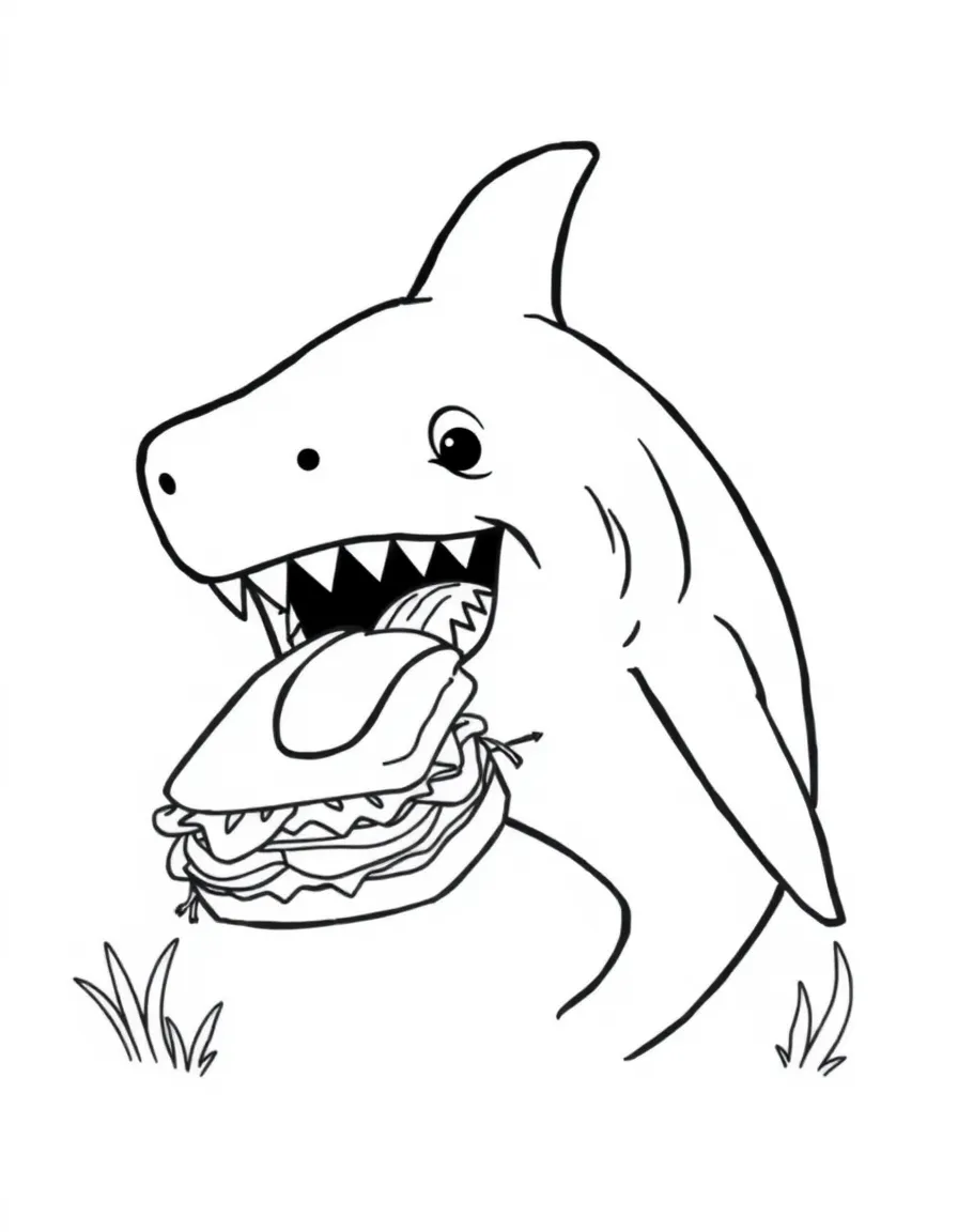 A hungry shark eating a sandwich.