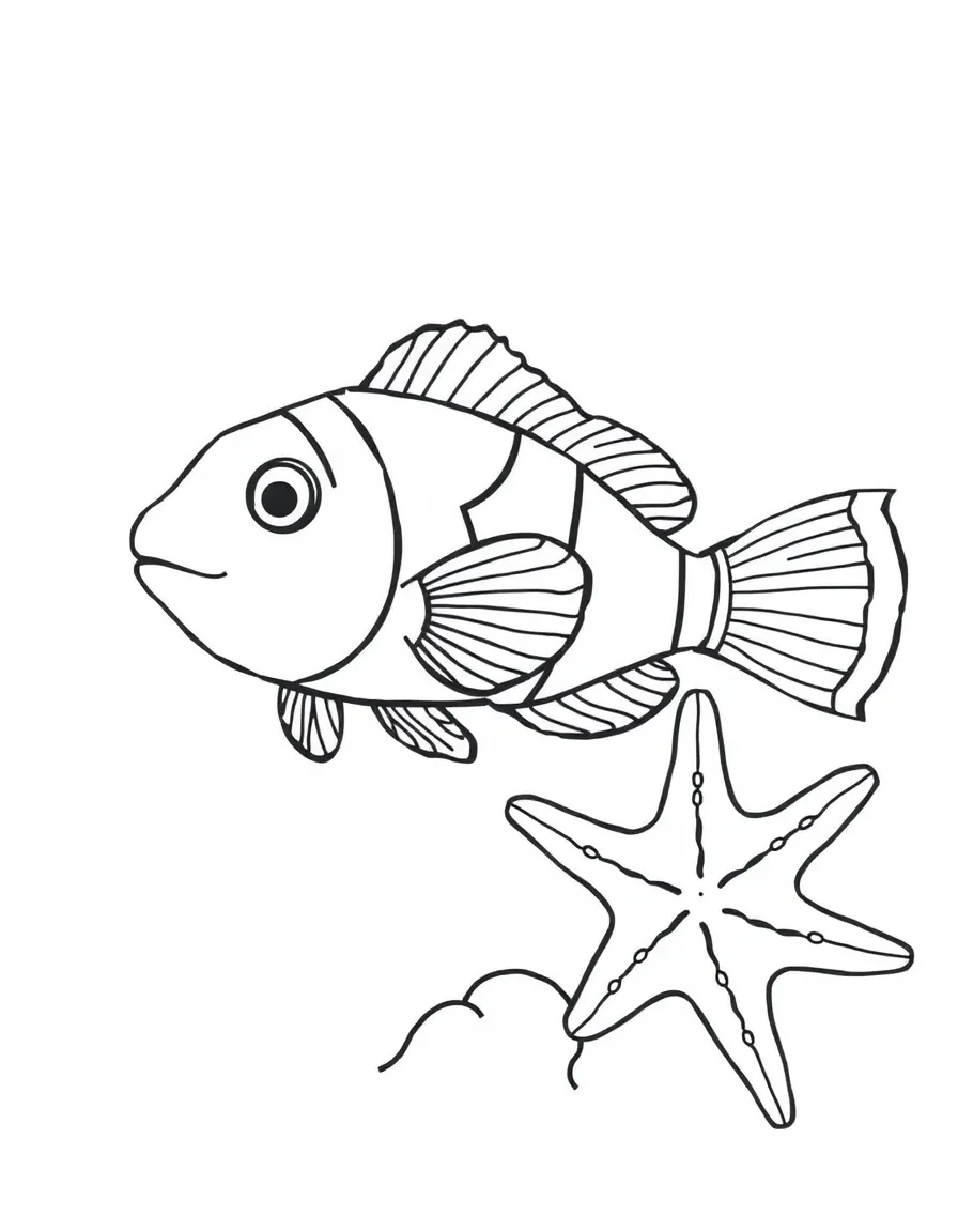 A colorful clownfish swimming with a starfish.