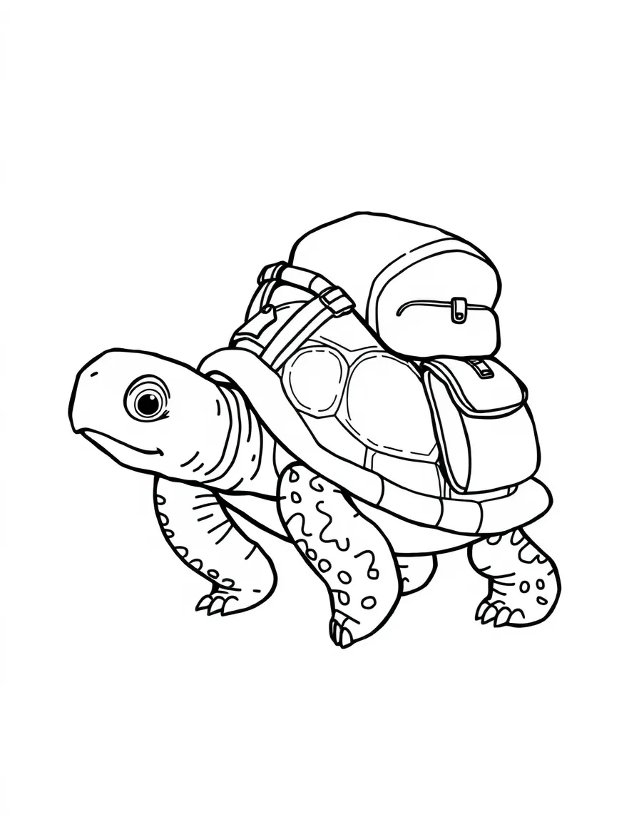 A slow turtle wearing a tiny backpack.