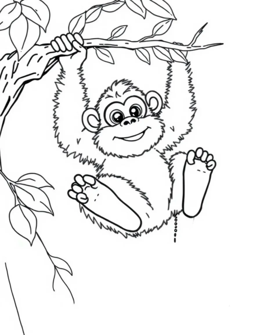 A furry monkey swinging on a vine.