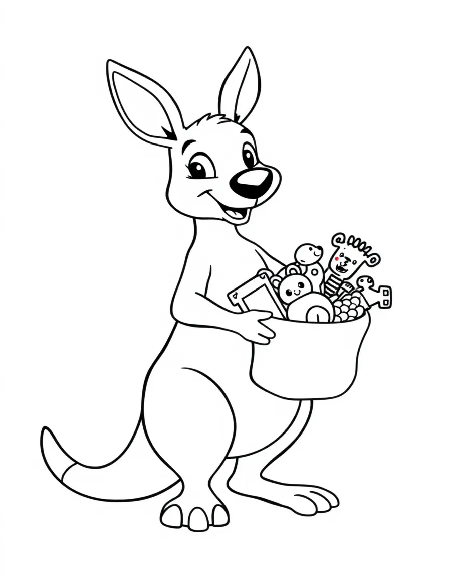 A bouncy kangaroo holding a pouch full of toys.