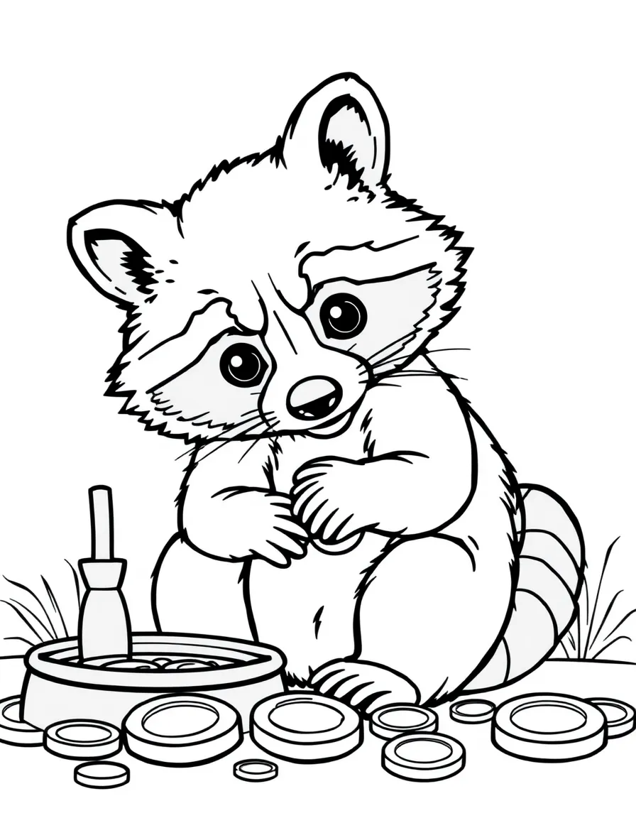 A clever raccoon washing shiny coins.