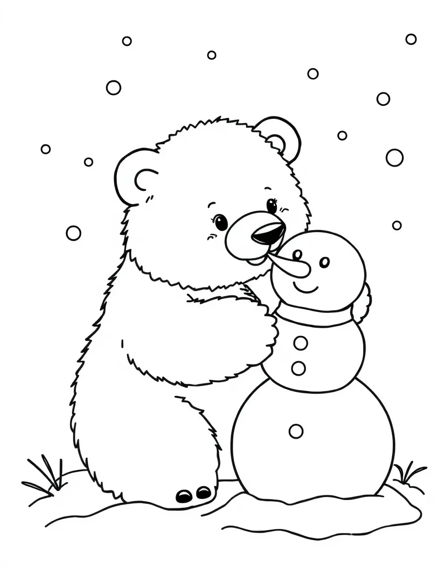 A fluffy polar bear building a snowman.