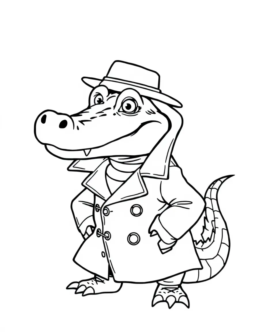 A sneaky crocodile wearing a detective's trench coat.