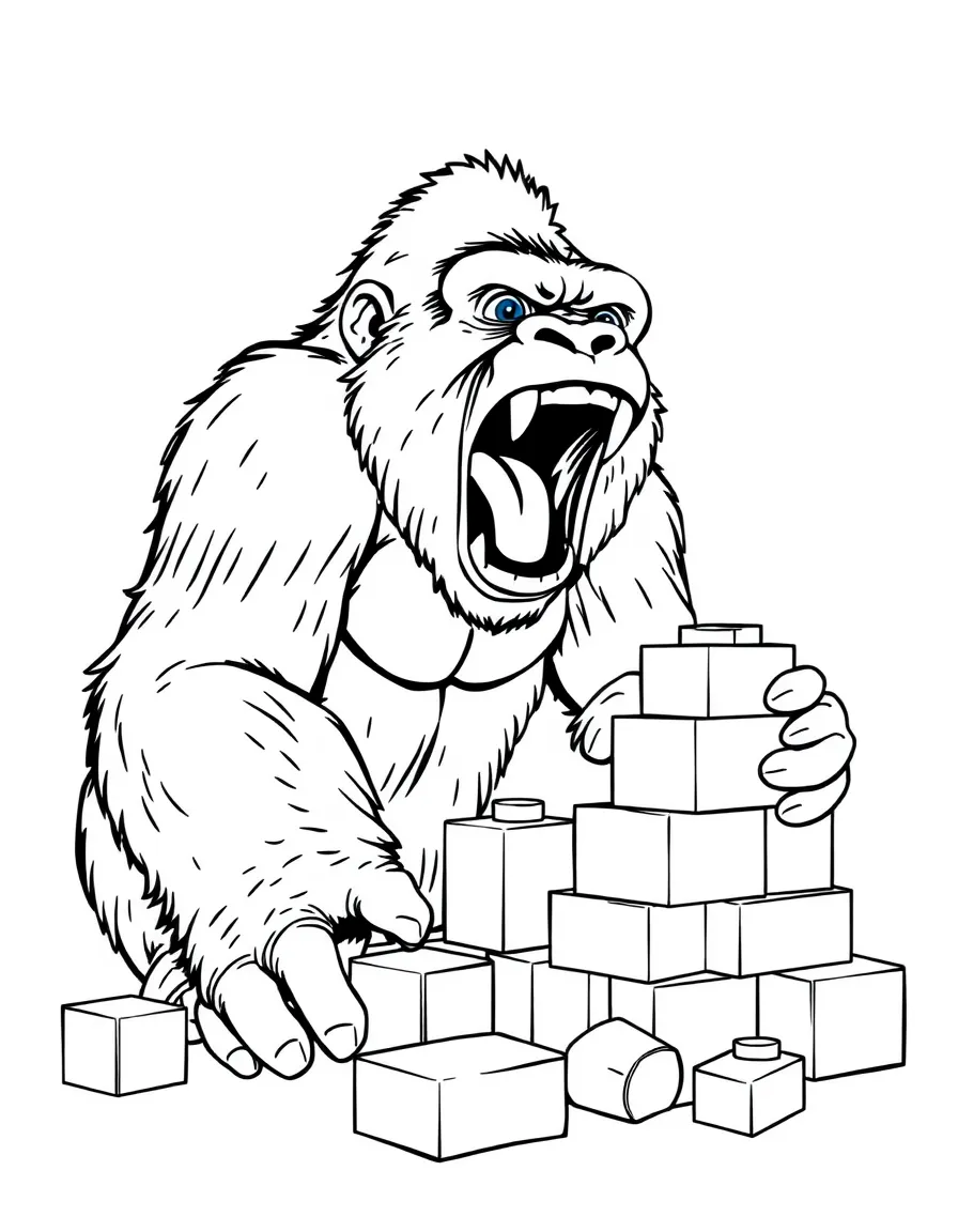A roaring gorilla playing with building blocks.