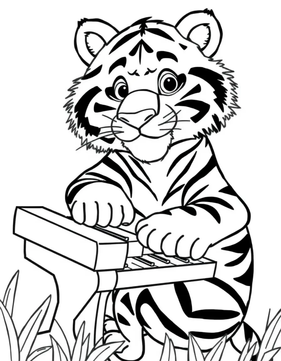 A striped tiger playing a piano.