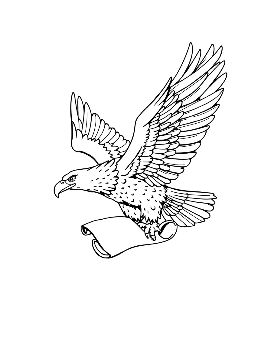 A majestic eagle flying with a scroll.