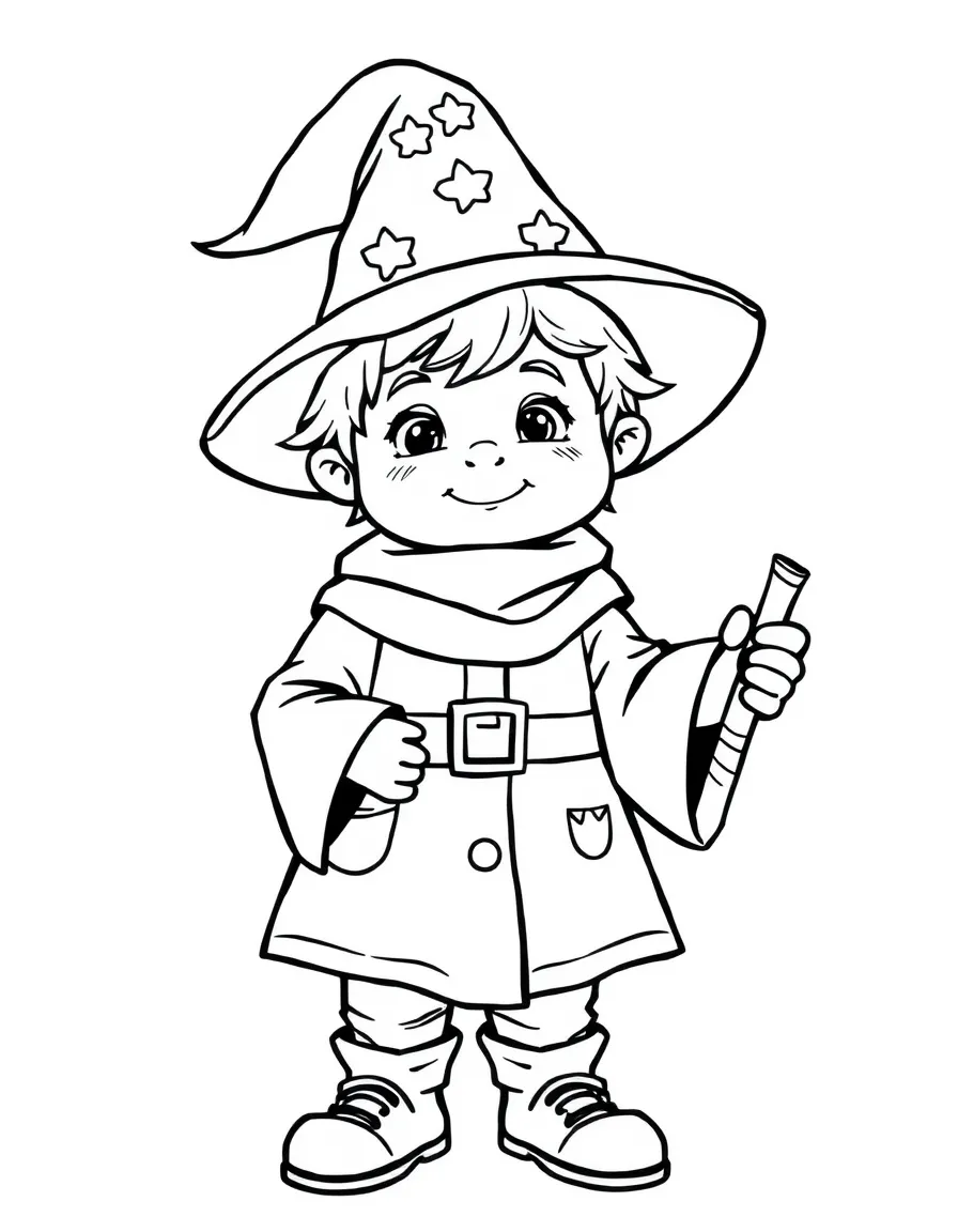 A child dressed as a friendly wizard.