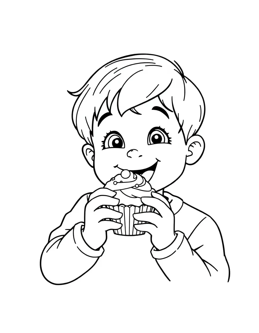 A child eating a happy cupcake.