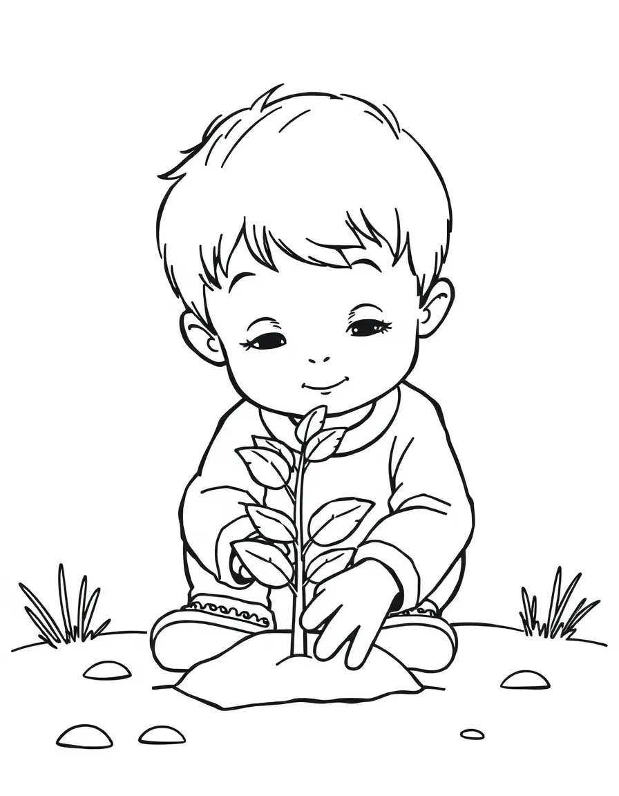 A child planting a tiny tree.