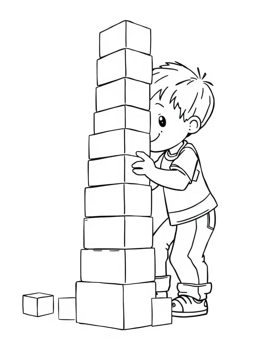 A child building a tall tower of blocks.