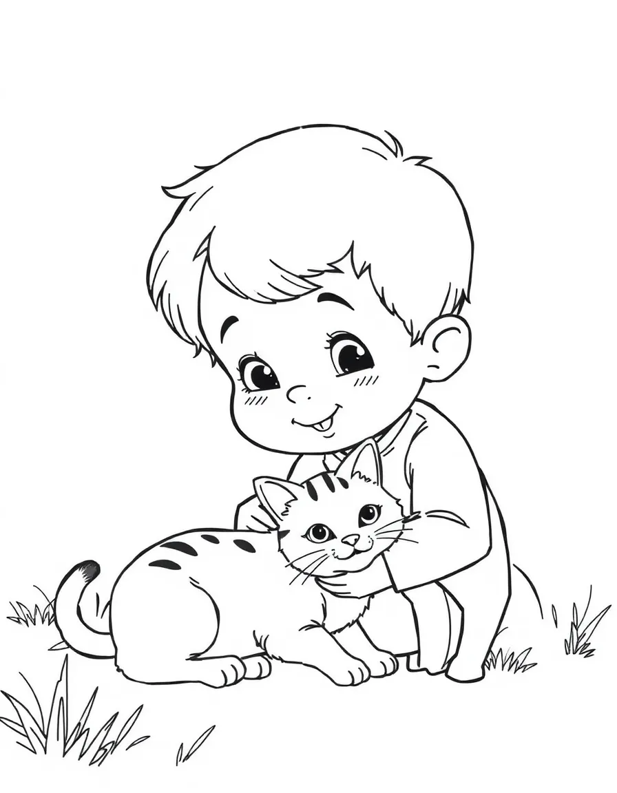 A child playing with a pet cat.