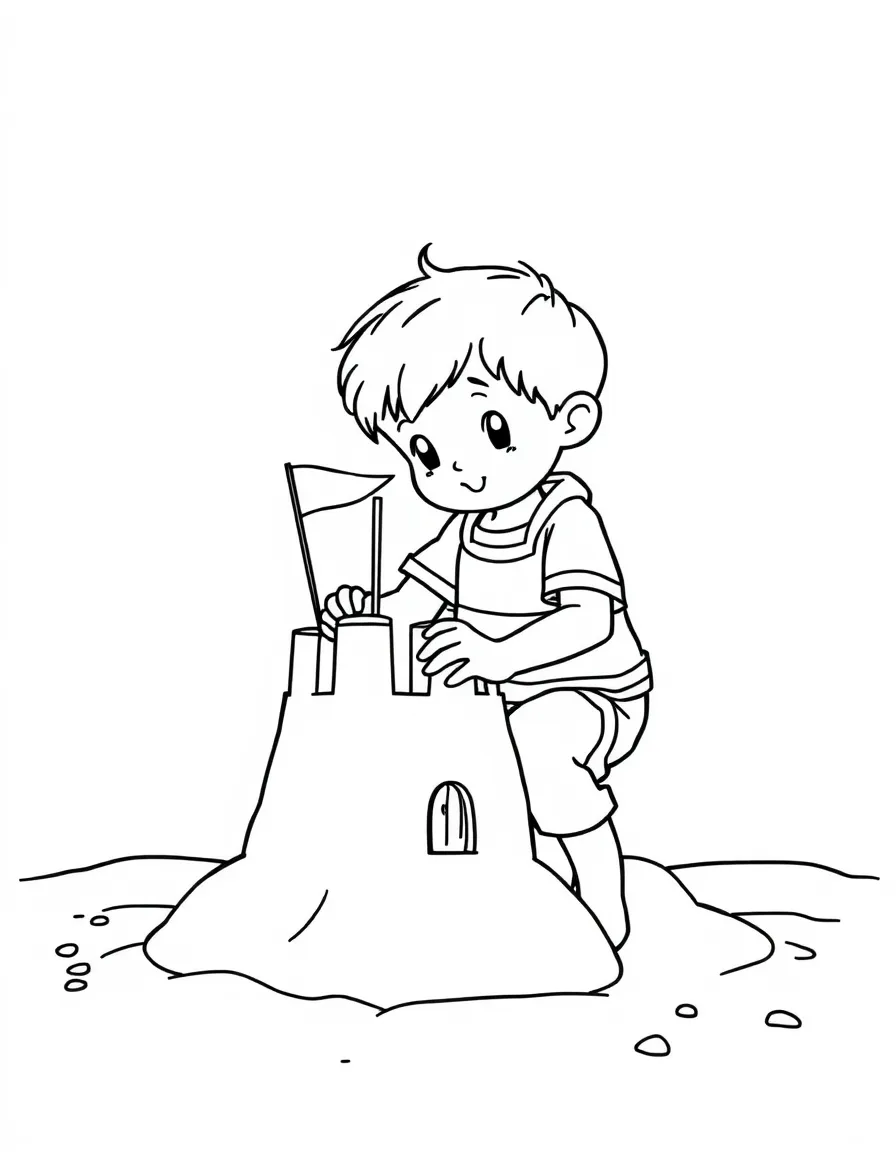A child building a sandcastle with flags.