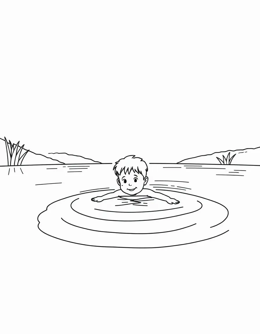 A child swimming in a calm lake.
