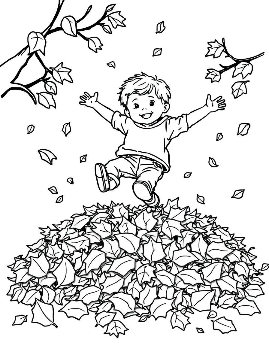 A child jumping in a pile of leaves.