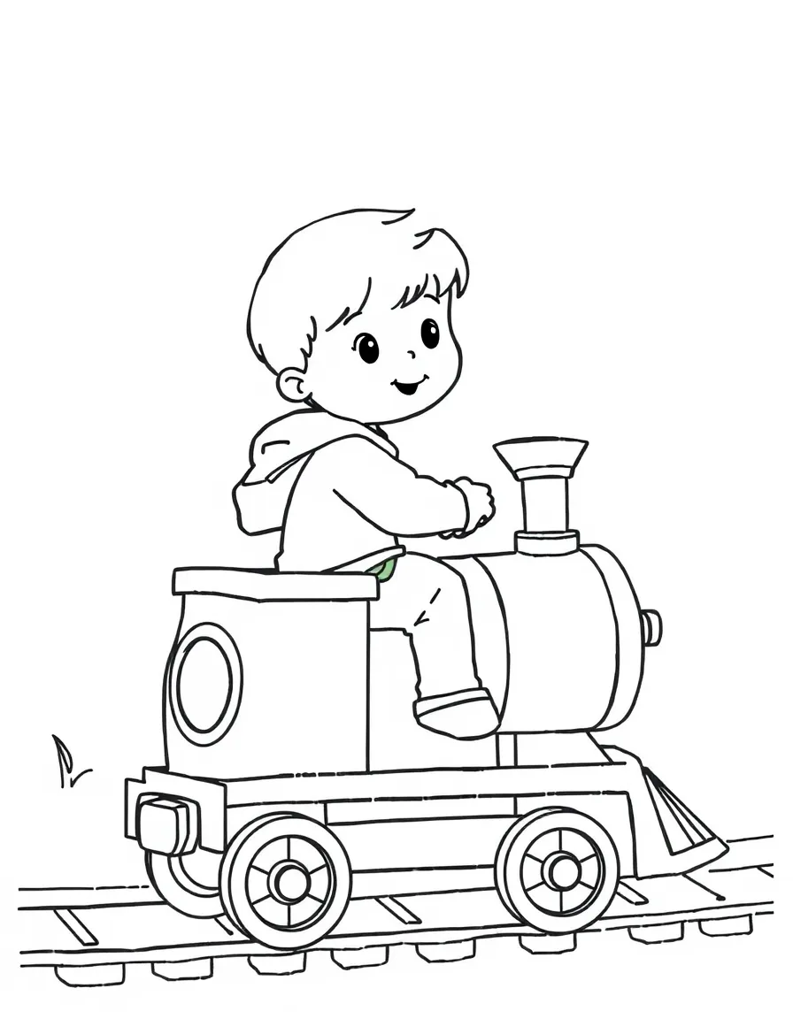 A child riding a toy train.