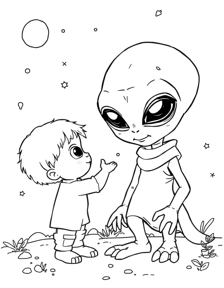 A child making friends with an alien.