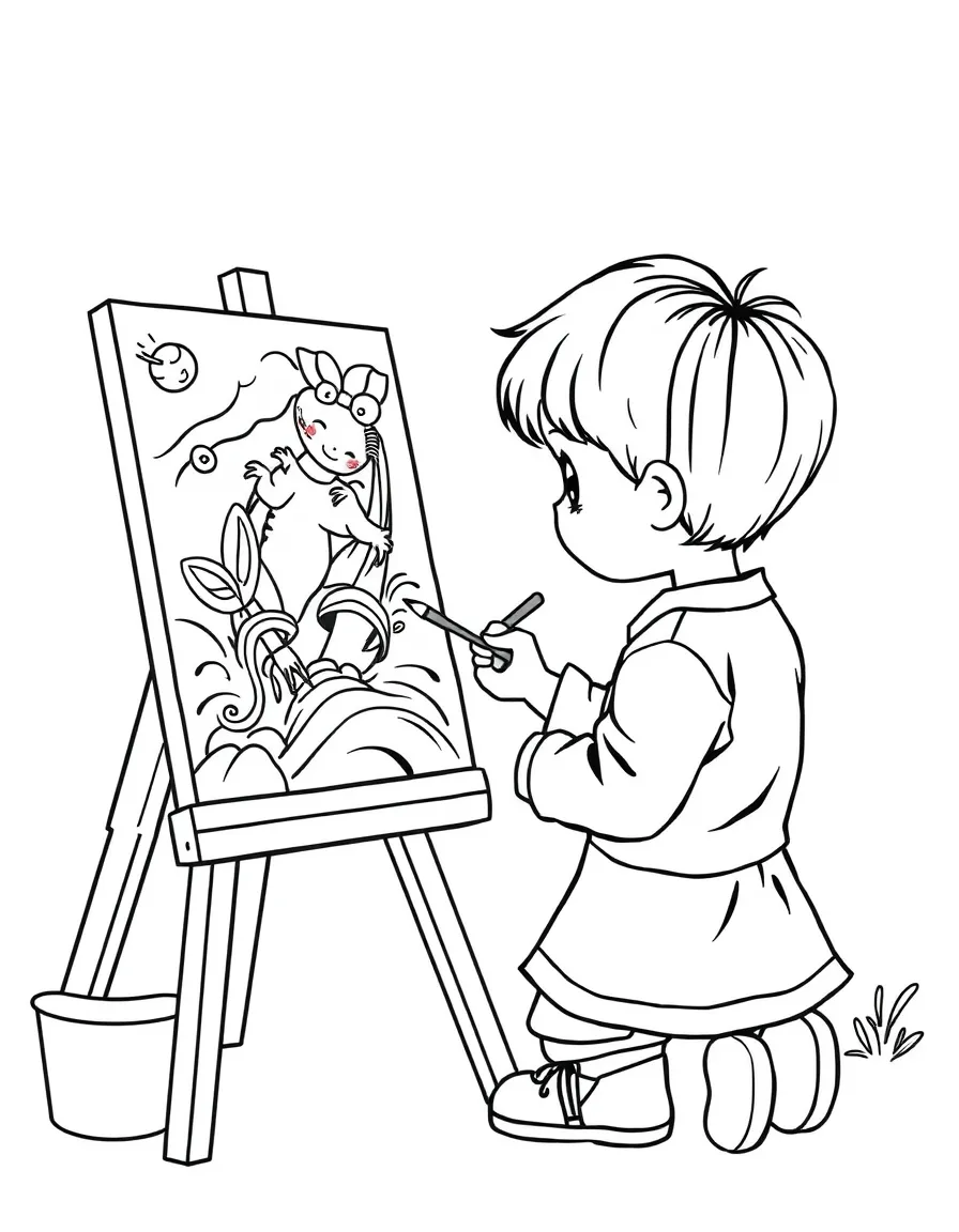 A child painting on an easel.