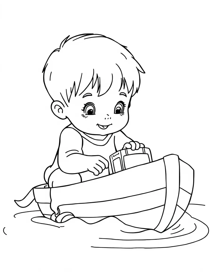 A child playing with a toy boat.
