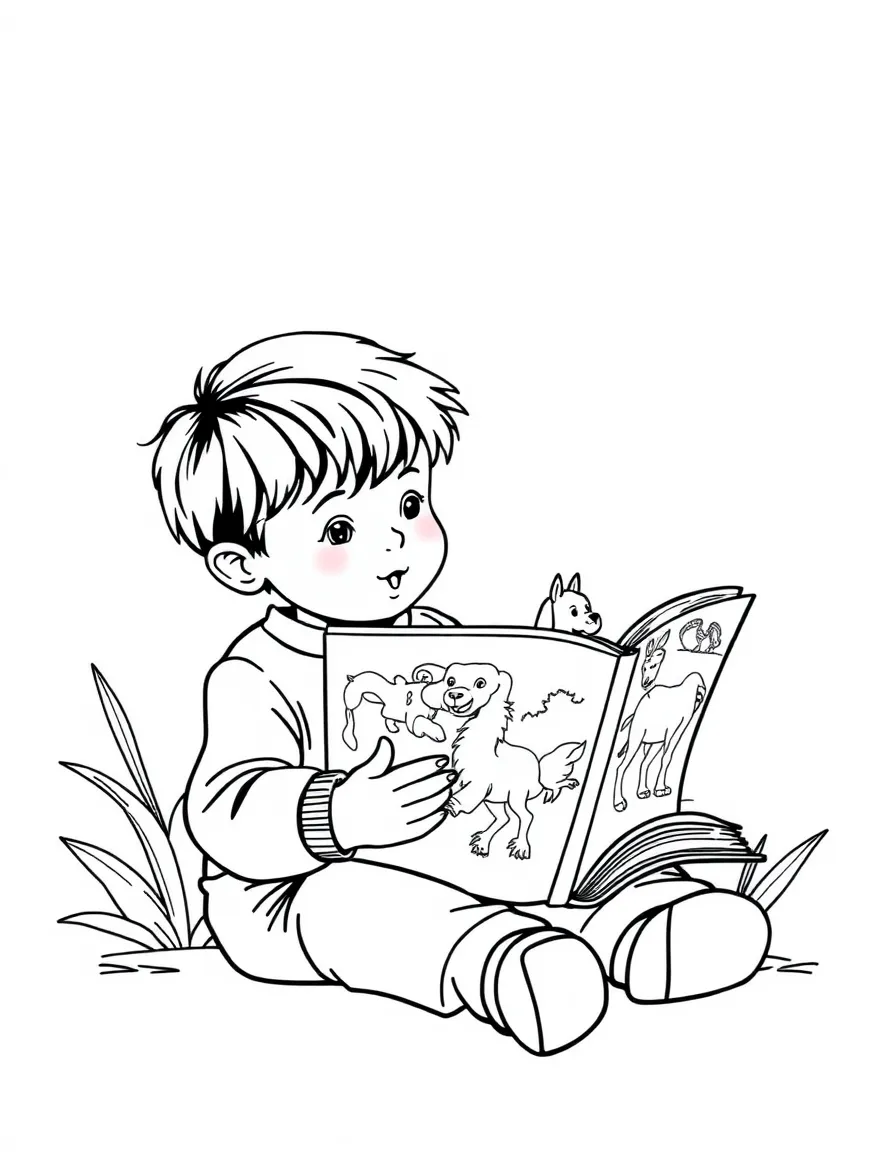 A child reading a big book about animals.