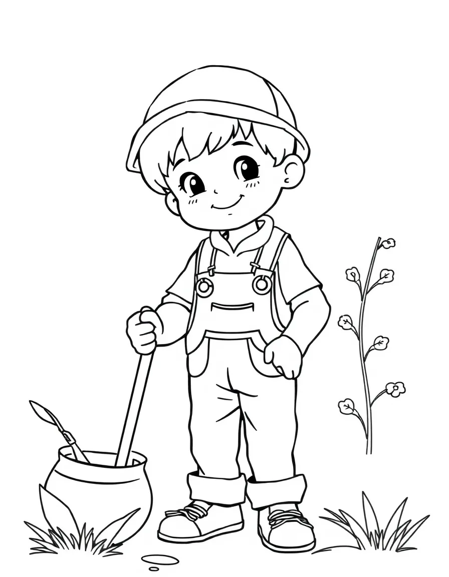 A child pretending to be a gardener.