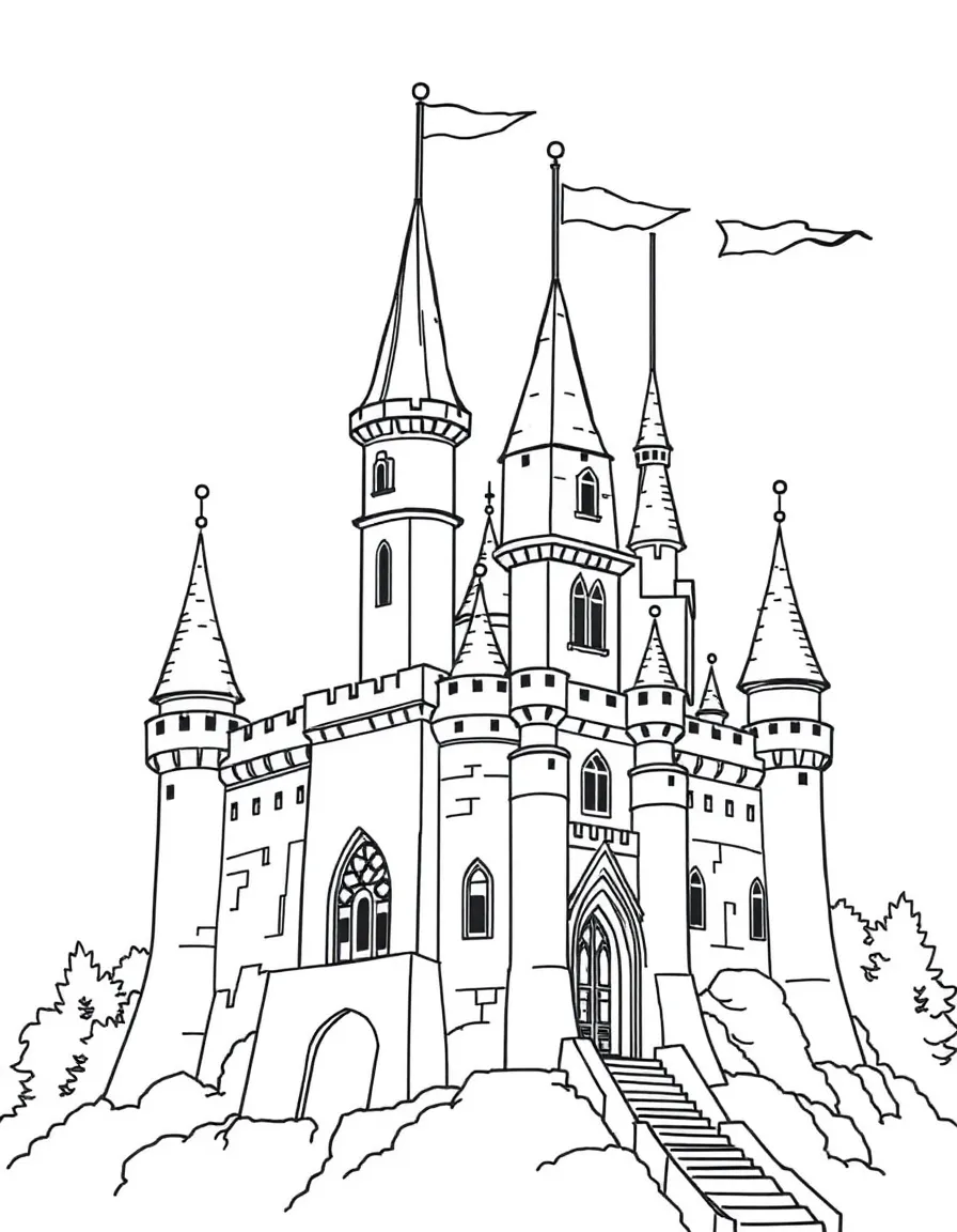 A castle with flags flying.
